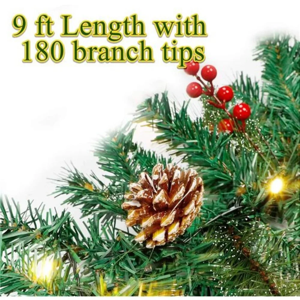 9FT Christmas Garland, Pre-lit Artificial Xmas Garland Decorations 50 LED Lights